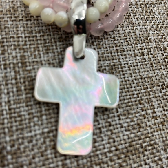 Vintage Rose Quartz Pearl Necklace Set - Mother-of-Pearl Cross Pendant - Picture 15 of 16